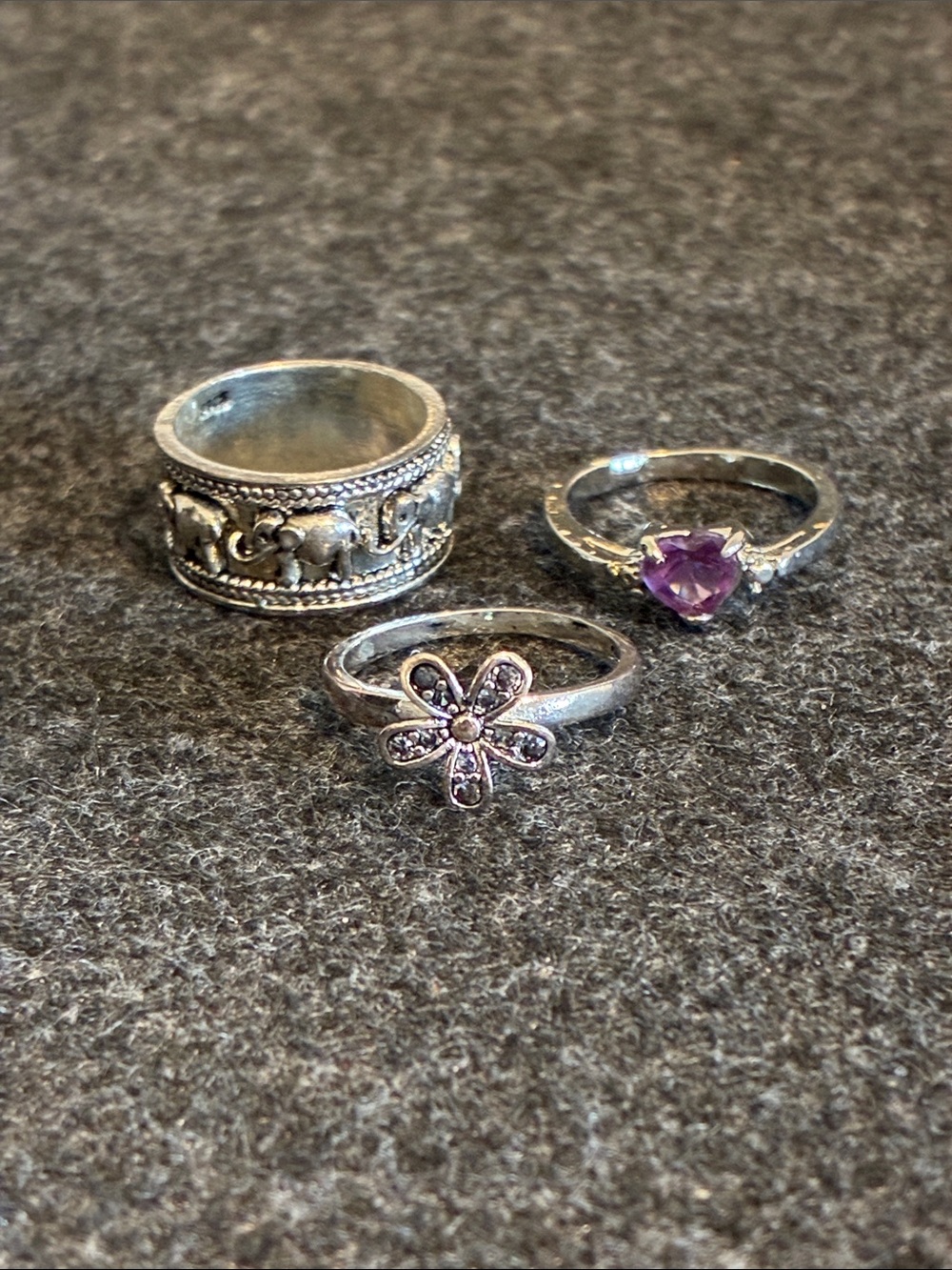 3 Rings, Size 5 & 5.75, Purple Heart, Daisy & Elephant Ring - 001R